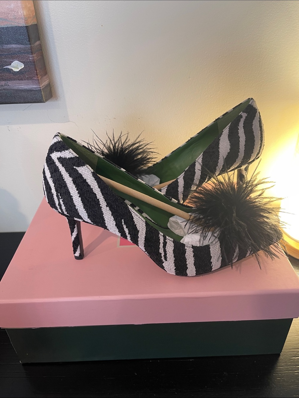 Kate Spade Zebra Print Feather Pom-Pom Pumps - Black & Cream